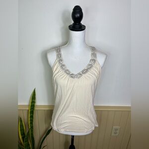 Y2K Nine & Co L Cream Beaded Babydoll Tank Small Glam Sequin Sparkle Going Out
